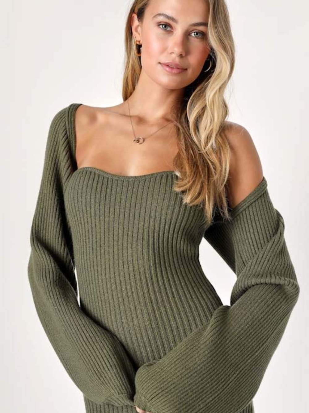 Lulus Autumn Aura Olive Green Ribbed Two-piece Sweater Dress - Size L